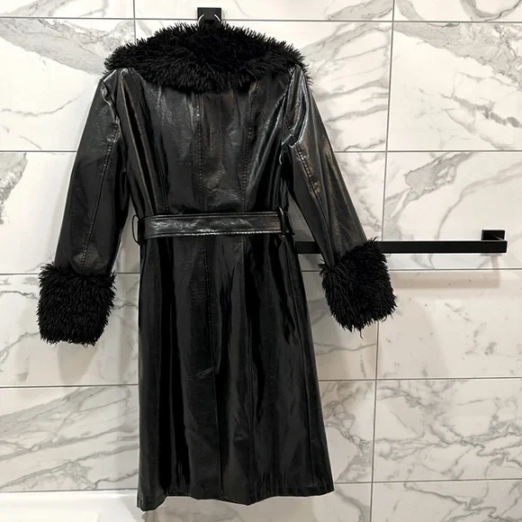 7 FOR ALL MANKIND vegan leather Patent Faux Fur Trimmed Trench Coat size M - Picture 2 of 11
